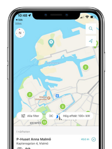 E.ON Drive-appen visar en tydlig karta med alla laddare i regionen.